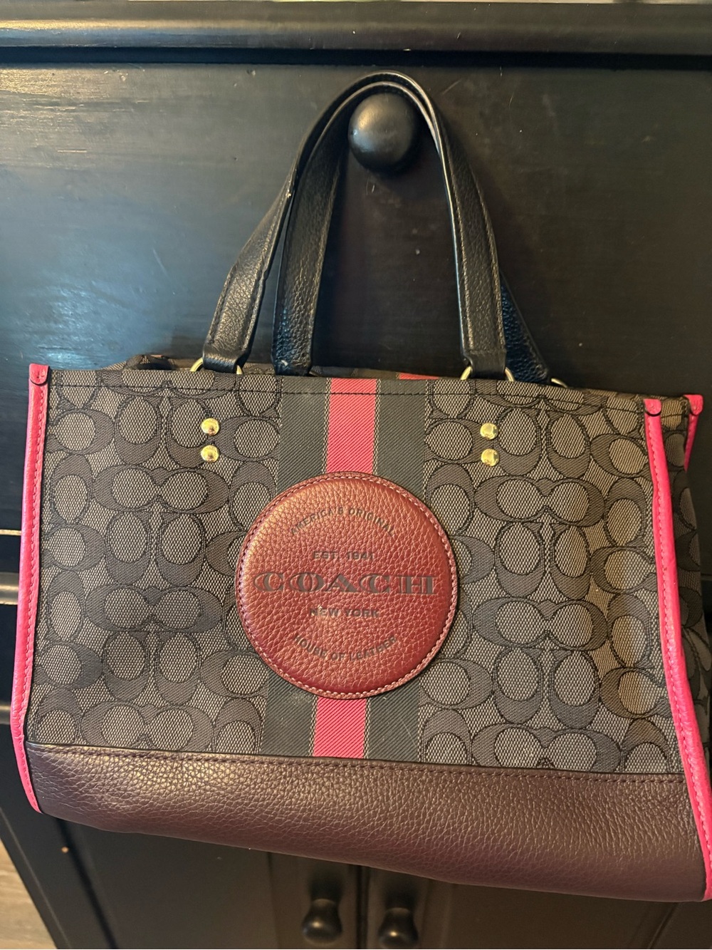 Coach Brown Signature Dempsey Varsity Tote with Pink Stripe